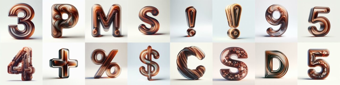 Brown glass 3D Lettering Typeface. AI generated illustration