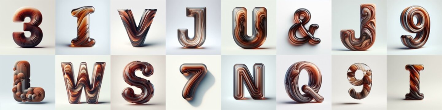Brown glass 3D Lettering Typeface. AI generated illustration