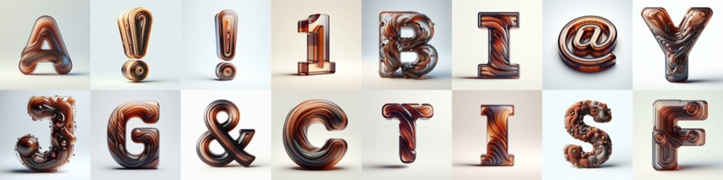 Brown glass 3D Lettering Typeface. AI generated illustration