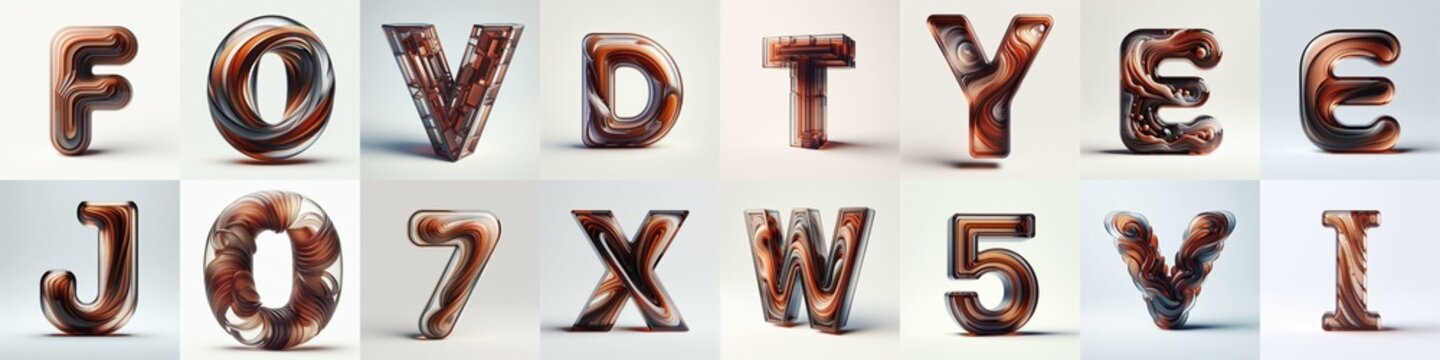Brown glass 3D Lettering Typeface. AI generated illustration