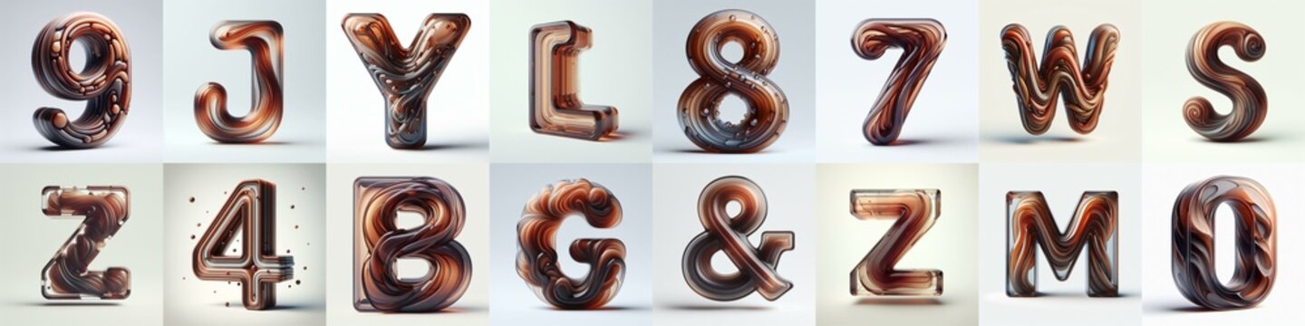 Brown glass 3D Lettering Typeface. AI generated illustration