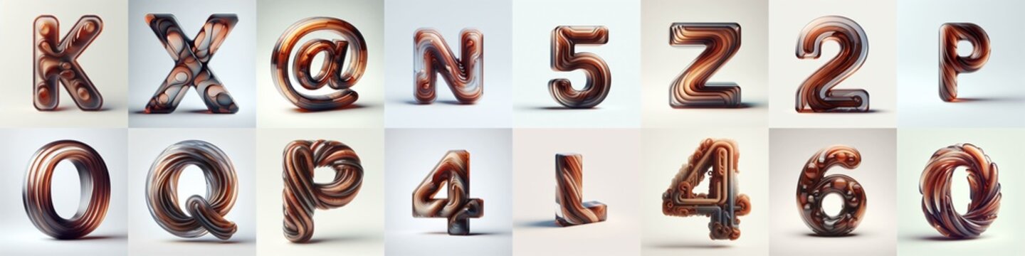 Brown glass 3D Lettering Typeface. AI generated illustration