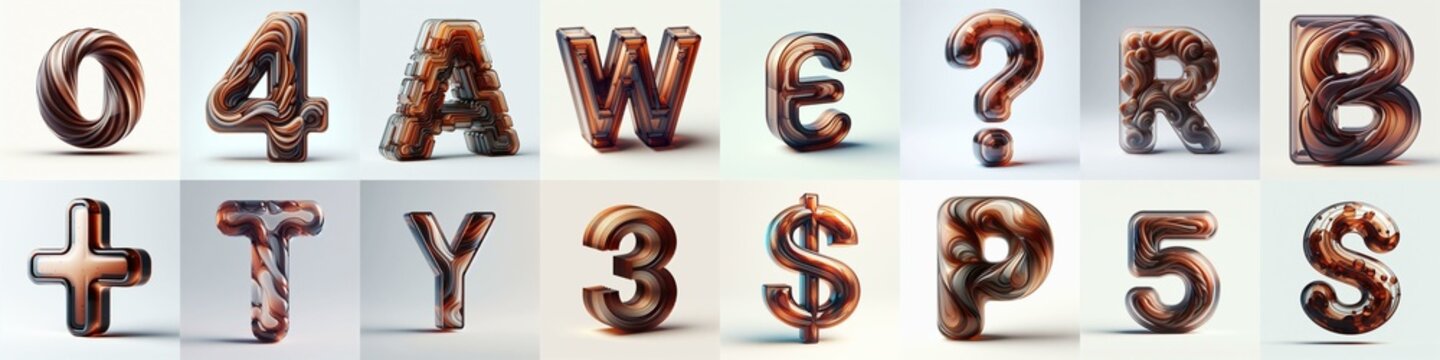 Brown glass 3D Lettering Typeface. AI generated illustration