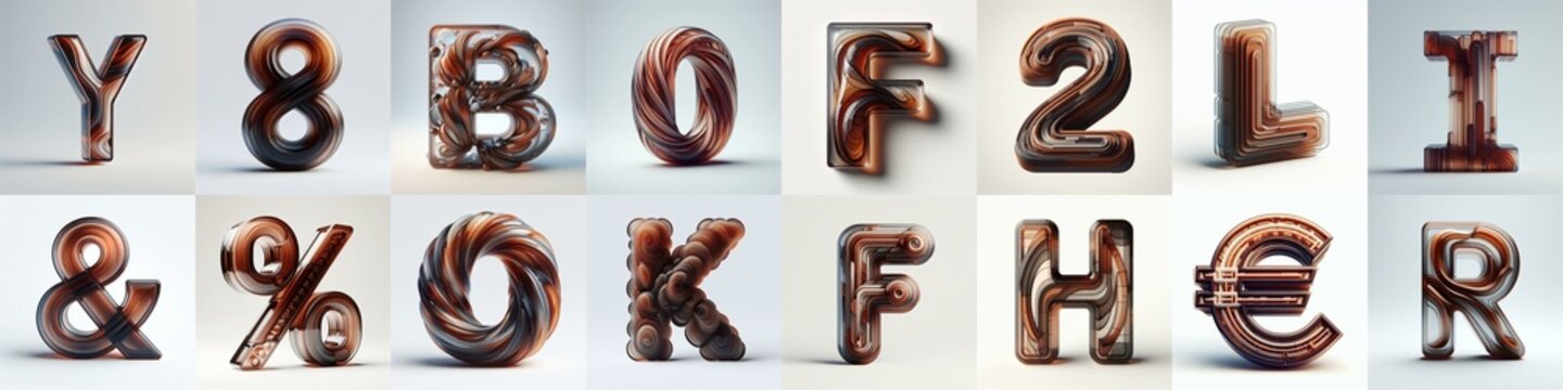 Brown glass 3D Lettering Typeface. AI generated illustration