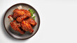 General Tso crispy chicken with susame in a bowl. Far east, Thai, Japanese, Korean, Chinese cuisine. Copy space for text, advertising. Top view