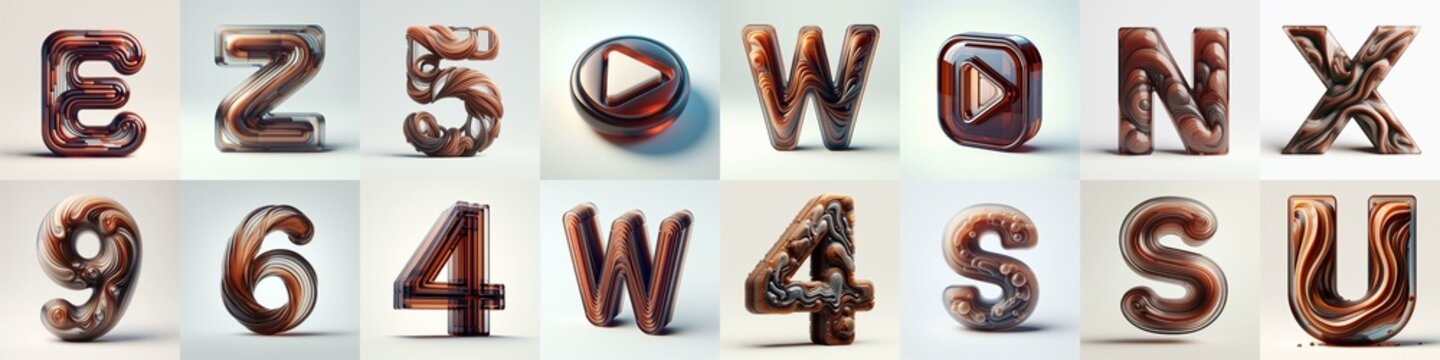Brown glass 3D Lettering Typeface. AI generated illustration