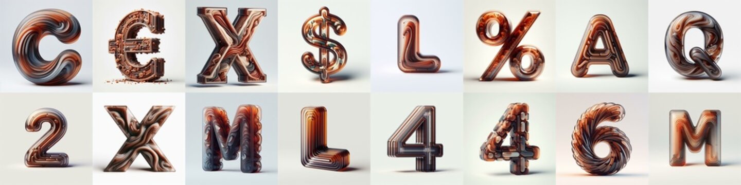 Brown glass 3D Lettering Typeface. AI generated illustration