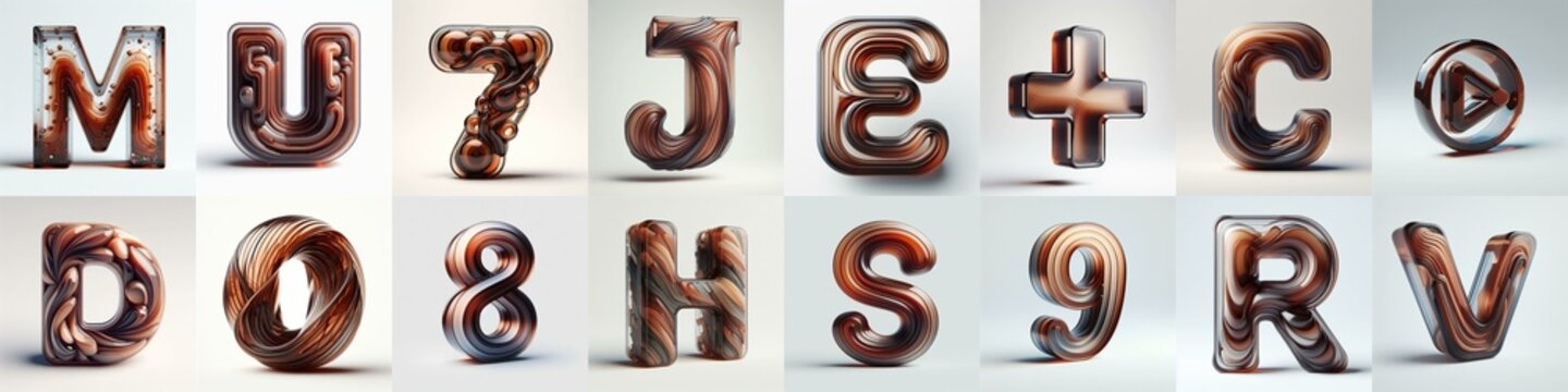 Brown glass 3D Lettering Typeface. AI generated illustration