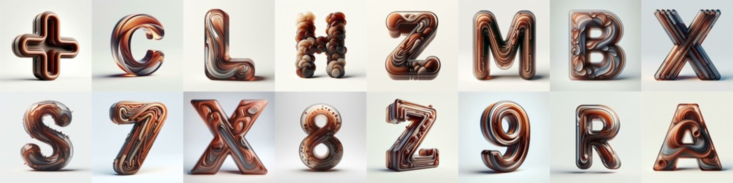 Brown glass 3D Lettering Typeface. AI generated illustration