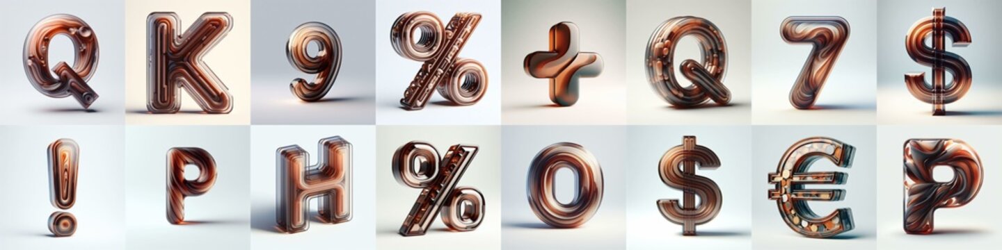 Brown glass 3D Lettering Typeface. AI generated illustration