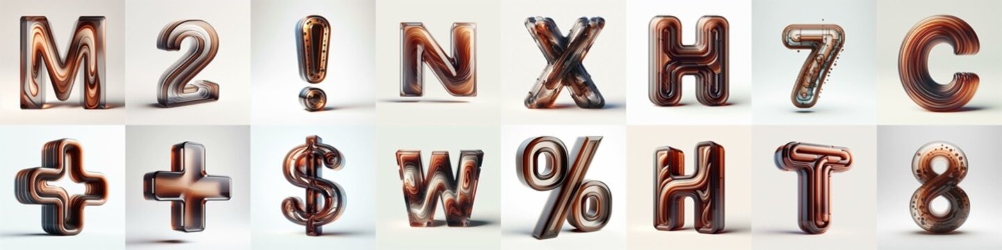 Brown glass 3D Lettering Typeface. AI generated illustration