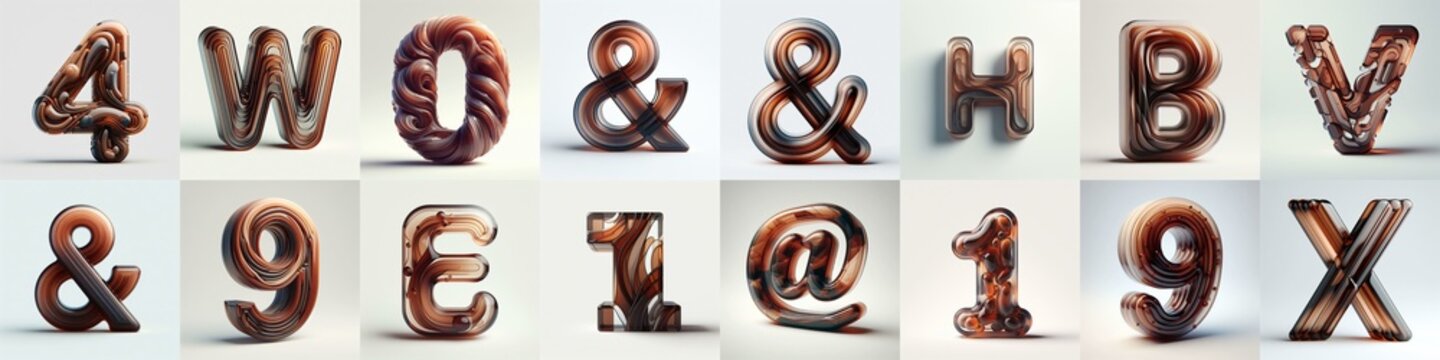 Brown glass 3D Lettering Typeface. AI generated illustration