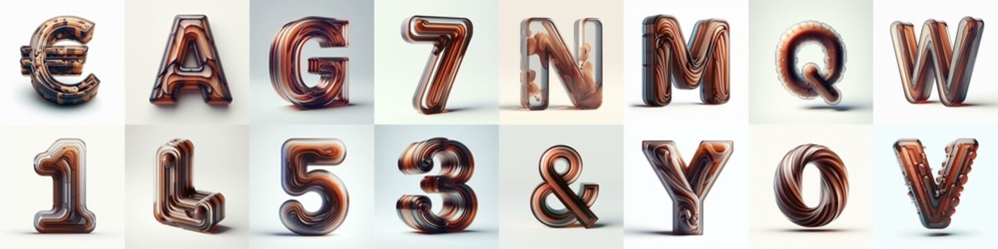 Brown glass 3D Lettering Typeface. AI generated illustration