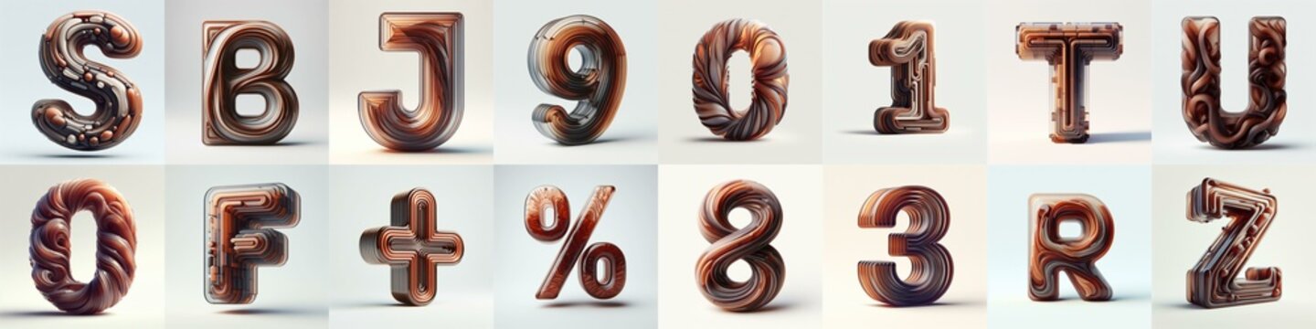 Brown glass 3D Lettering Typeface. AI generated illustration