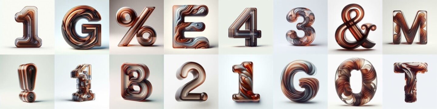 Brown glass 3D Lettering Typeface. AI generated illustration