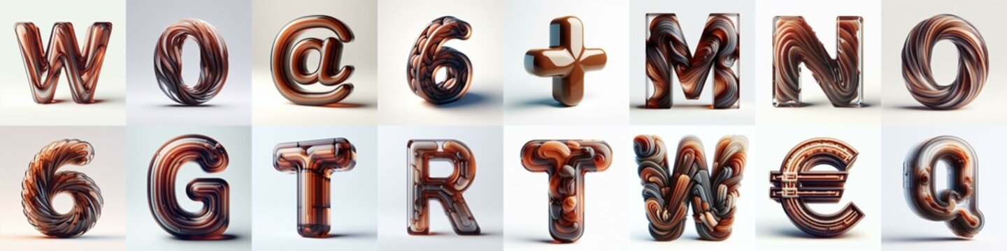 Brown glass 3D Lettering Typeface. AI generated illustration