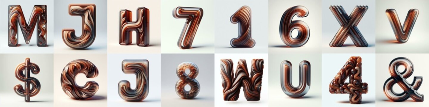 Brown glass 3D Lettering Typeface. AI generated illustration