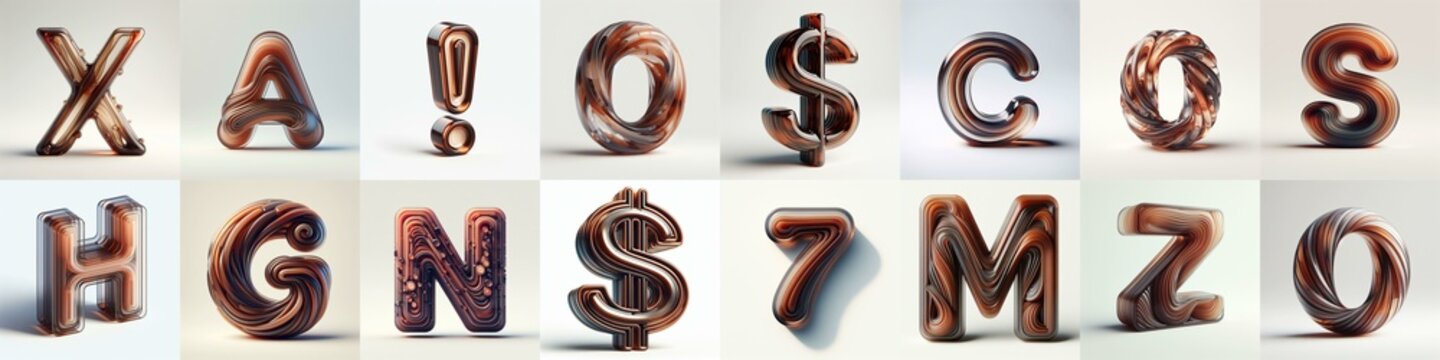 Brown glass 3D Lettering Typeface. AI generated illustration
