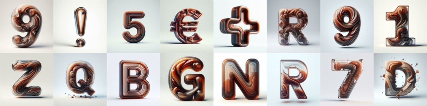 Brown glass 3D Lettering Typeface. AI generated illustration