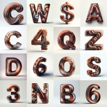 Brown glass 3D Lettering Typeface. AI generated illustration