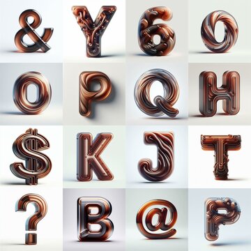 Brown glass 3D Lettering Typeface. AI generated illustration