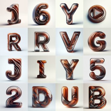 Brown glass 3D Lettering Typeface. AI generated illustration