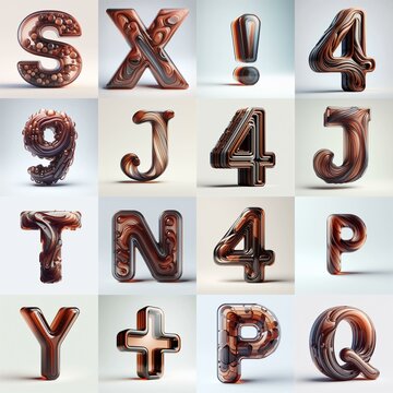 Brown glass 3D Lettering Typeface. AI generated illustration