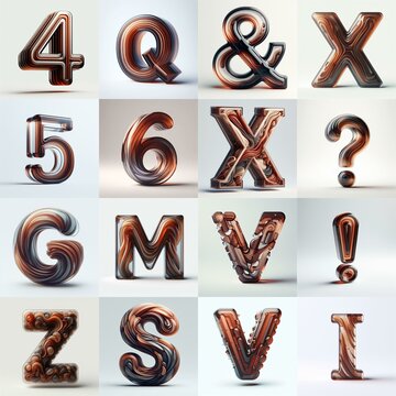 Brown glass 3D Lettering Typeface. AI generated illustration