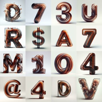 Brown glass 3D Lettering Typeface. AI generated illustration