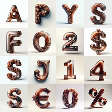 Brown glass 3D Lettering Typeface. AI generated illustration