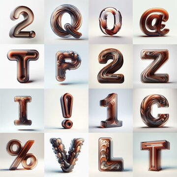 Brown glass 3D Lettering Typeface. AI generated illustration