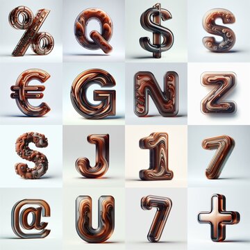 Brown glass 3D Lettering Typeface. AI generated illustration