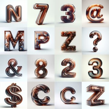 Brown glass 3D Lettering Typeface. AI generated illustration
