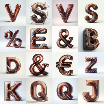 Brown glass 3D Lettering Typeface. AI generated illustration
