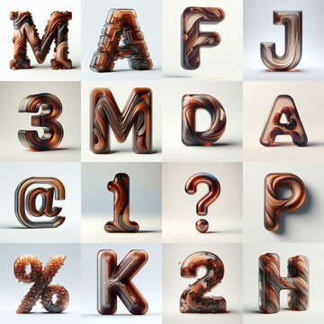 Brown glass 3D Lettering Typeface. AI generated illustration