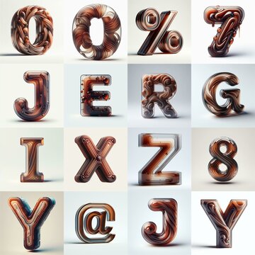 Brown glass 3D Lettering Typeface. AI generated illustration