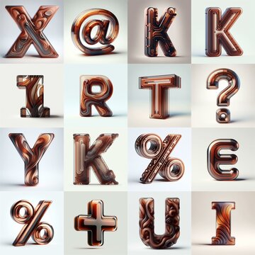 Brown glass 3D Lettering Typeface. AI generated illustration