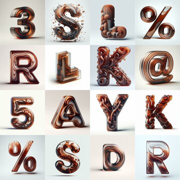 Brown glass 3D Lettering Typeface. AI generated illustration