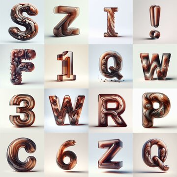 Brown glass 3D Lettering Typeface. AI generated illustration