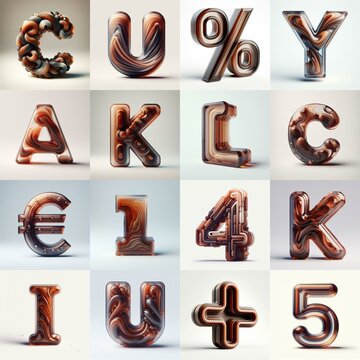 Brown glass 3D Lettering Typeface. AI generated illustration