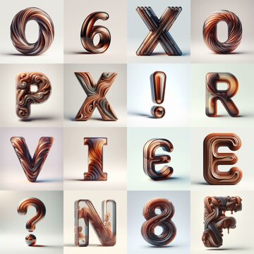 Brown glass 3D Lettering Typeface. AI generated illustration