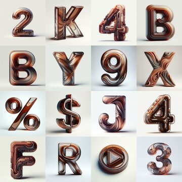 Brown glass 3D Lettering Typeface. AI generated illustration
