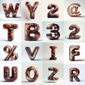 Brown glass 3D Lettering Typeface. AI generated illustration