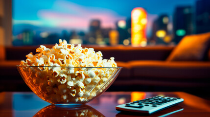 Popcorn in a glass bowl and remote control in front of TV for home decoration.