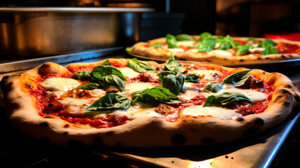 Margherita pizza, Italian pizza with a delicious taste. mozzarella, tomato sauce and basil on top. resting on a table