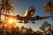 Airplane flying above palm trees in clear sunset sky with sun rays. Concept of traveling, vacation and travel by air transport.