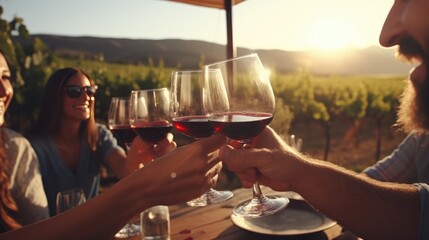 young friends toasting red wine in a country vineyard - happy hour fun at the winery bar. a group of