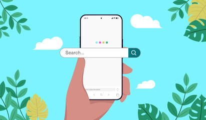 Poster - Online search engine on phone screen vector mockup - Smartphone with big search bar in hand of person with decorative blue background. Flat design vector illustration