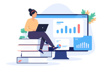 Leinwandbilder - Woman studying - Female student person sitting on stack of books with laptop in lap doing online study with graph and charts. Financial education and data learning concept in flat design vector
