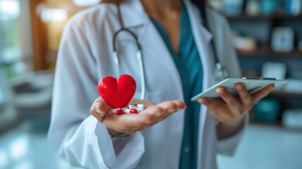 Doctor or cardiologist holding red heart and pills for heart health conveys  concept of healthcare and medicine.